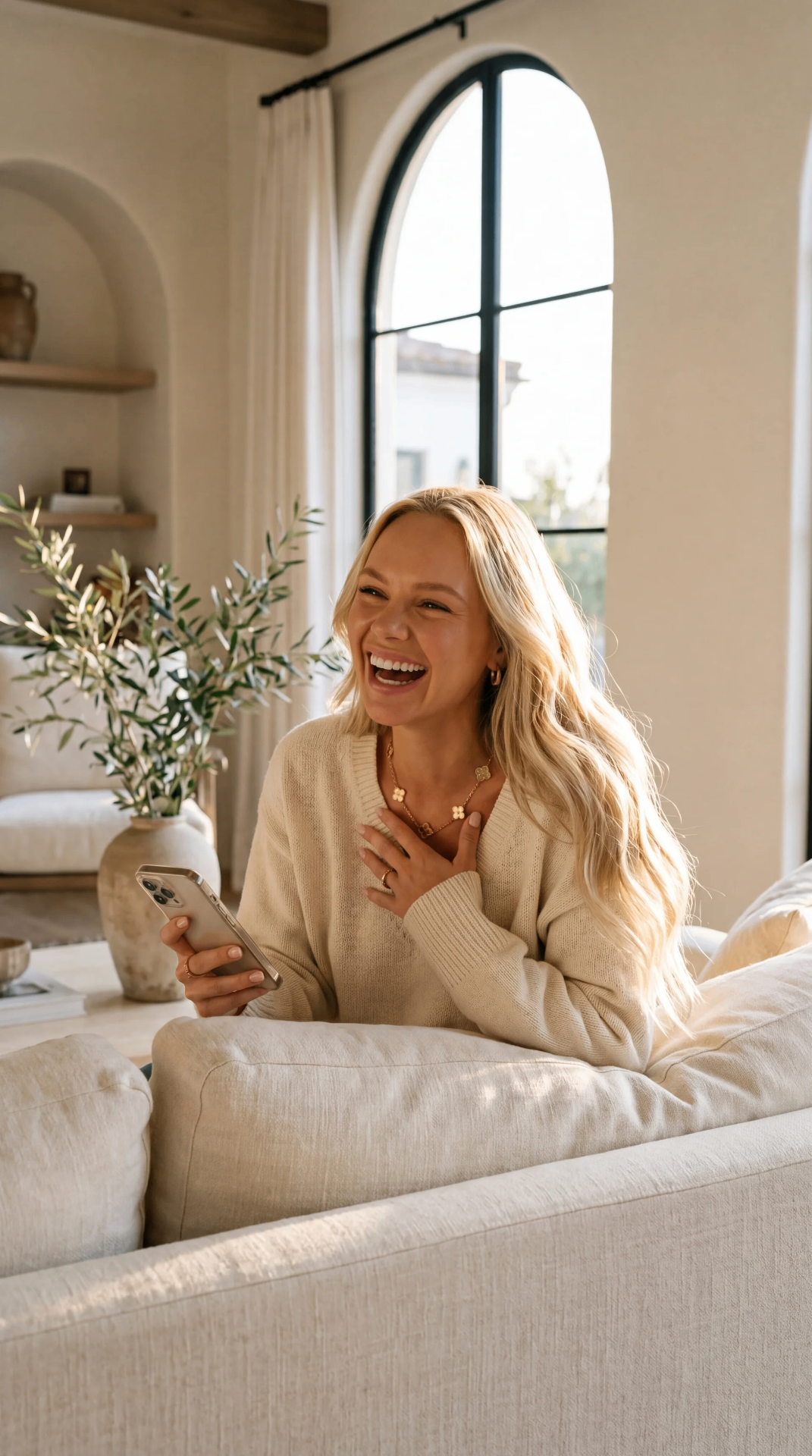 Woman laughing on couch with phone in a sunlit living room